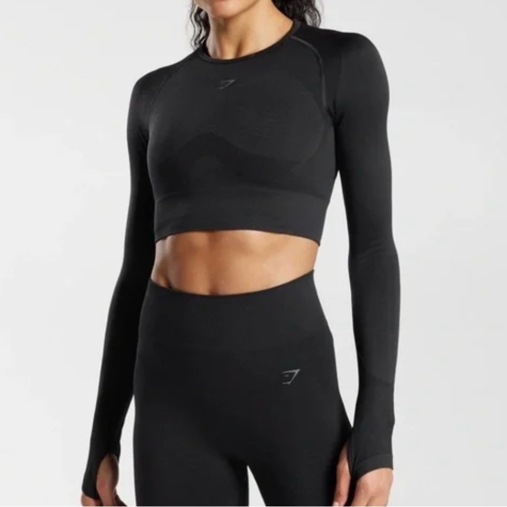 Gymshark Flex Sports Black Long Sleeve Crop Top Sz M Thumbhole